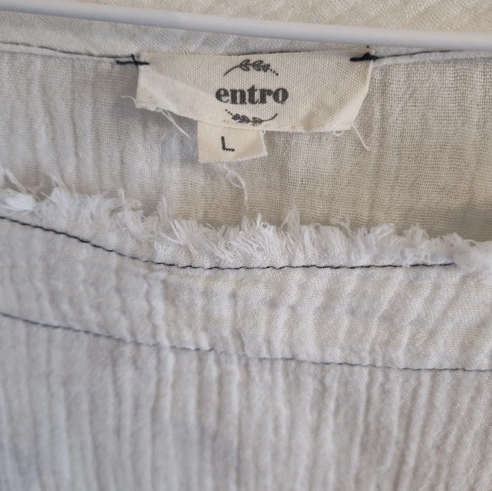 Entro Cotton Gauze Boxy Fringe Top  Shirt Coastal Grandma Cream Black Large - Picture 2 of 8